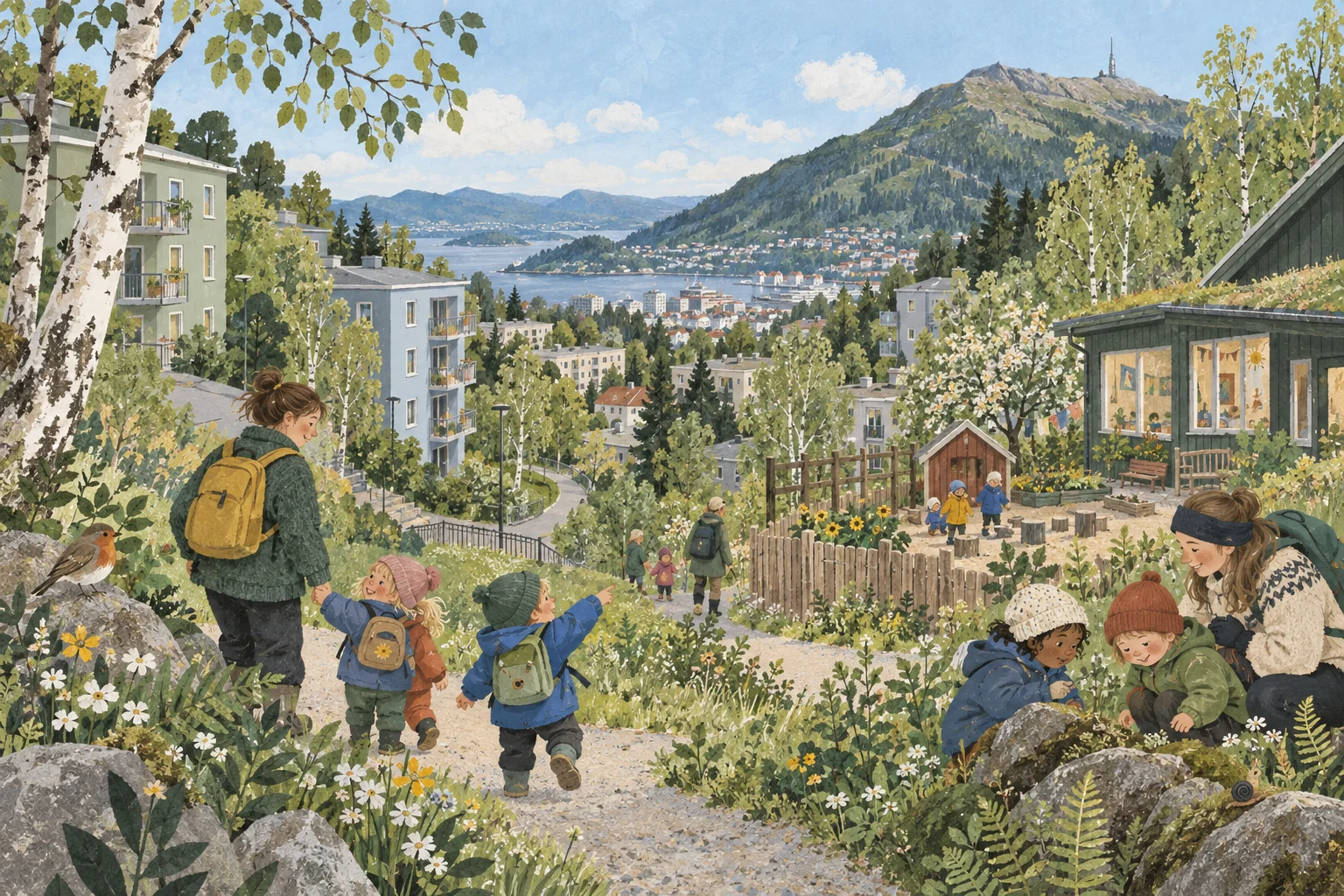 Illustrert nærmiljø med barn, voksne, grønne hus og fjell inspirert av Landås
